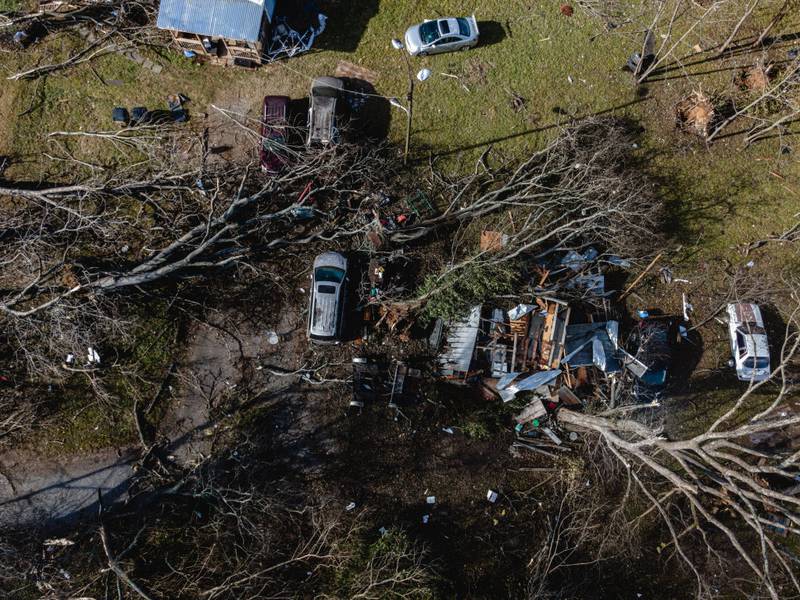 MADISON, TENNESSEE - DECEMBER 10: In an aerial view, downed trees and a destroyed home are seen in the aftermath of a tornado on December 10, 2023 in Madison, Tennessee. Multiple long-track tornadoes were reported in northwest Tennessee on December 9th causing multiple deaths and injuries and widespread damage. (Photo by Jon Cherry/Getty Images)