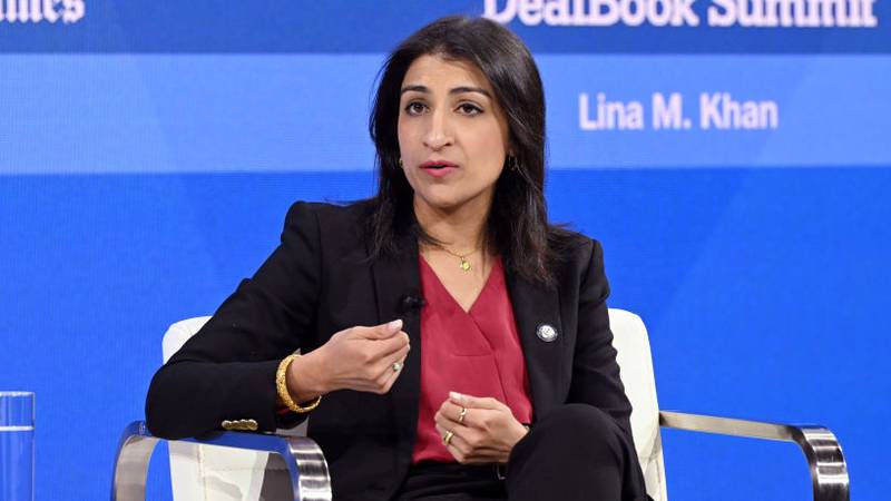 NEW YORK, NEW YORK - NOVEMBER 29: Lina Khan, Chairperson of the Federal Trade Commission, speaks onstage during The New York Times Dealbook Summit 2023 at Jazz at Lincoln Center on November 29, 2023 in New York City. (Photo by Slaven Vlasic/Getty Images for The New York Times)