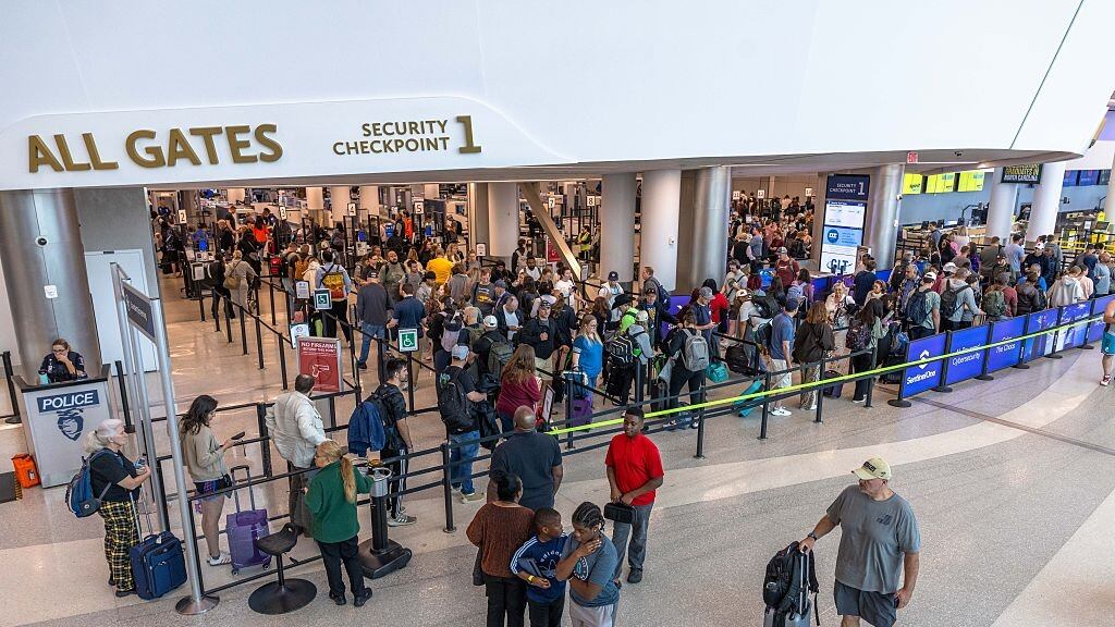 People waiting in TSA checkpoint at an airport
